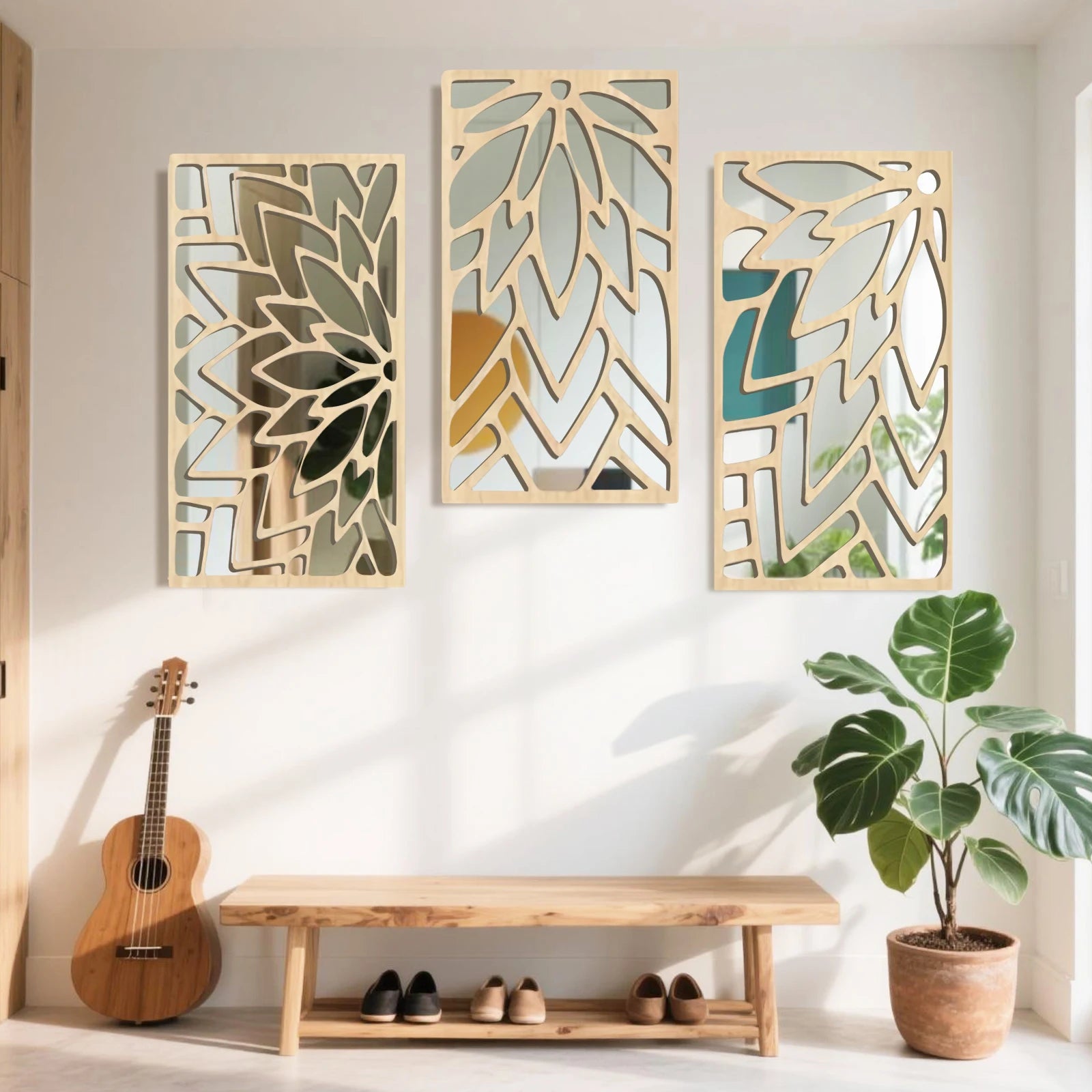 Conjunto com 3 Espelhos Decorativos em Acrílico e Madeira