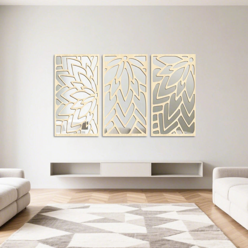 Conjunto com 3 Espelhos Decorativos em Acrílico e Madeira